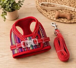 Yikeyo Bohemian Striped Dog Harness & Leash Set Red Multicolor Size Medium NWT
